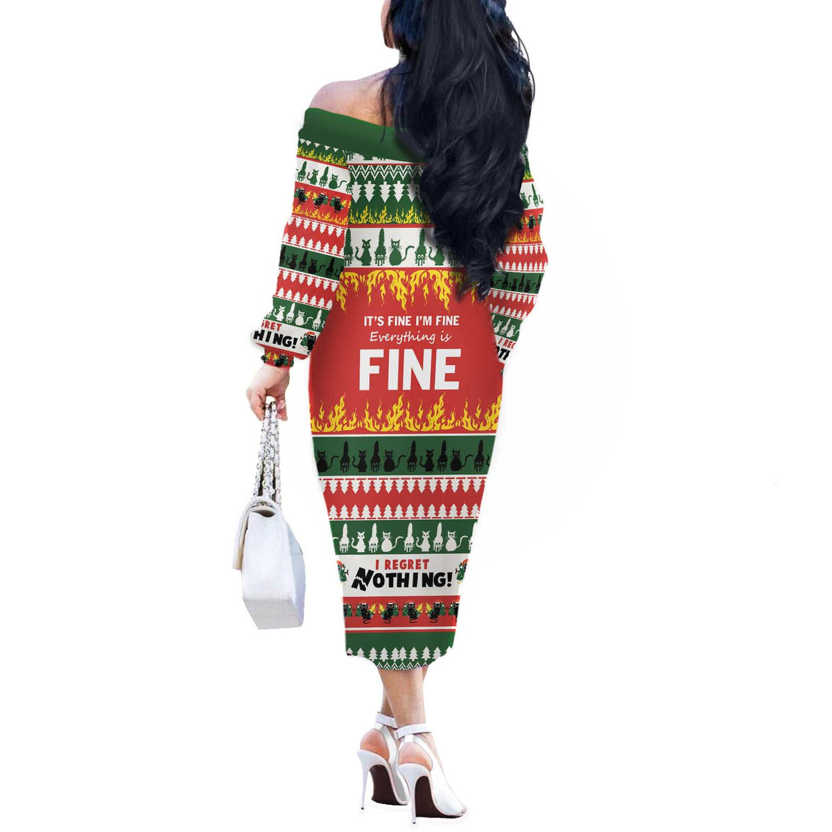 Merry Cat-Mas Off The Shoulder Long Sleeve Dress Christmas It's Fine I'm Fine Everything is Fine - Wonder Print Shop