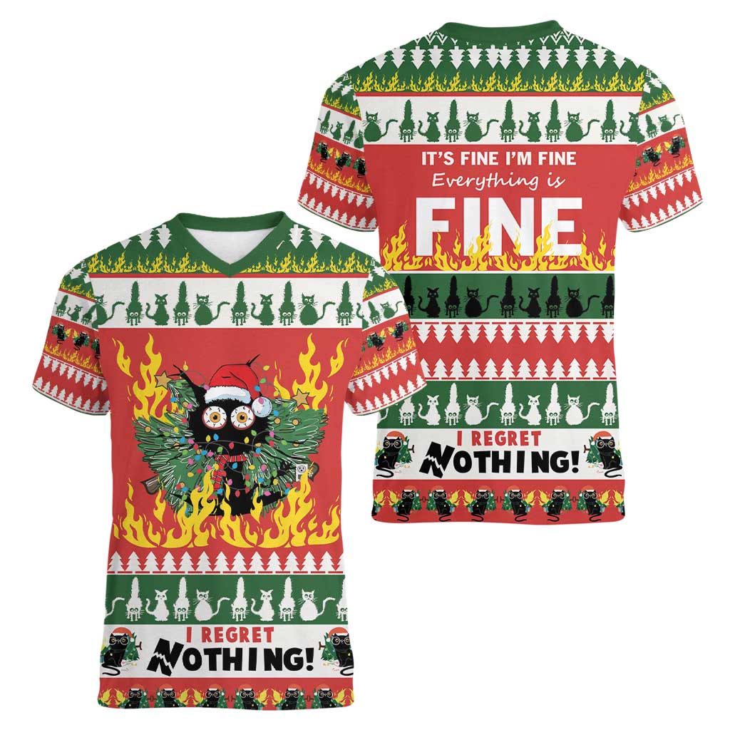 Merry Cat-Mas Women V-Neck T-Shirt Christmas It's Fine I'm Fine Everything is Fine - Wonder Print Shop