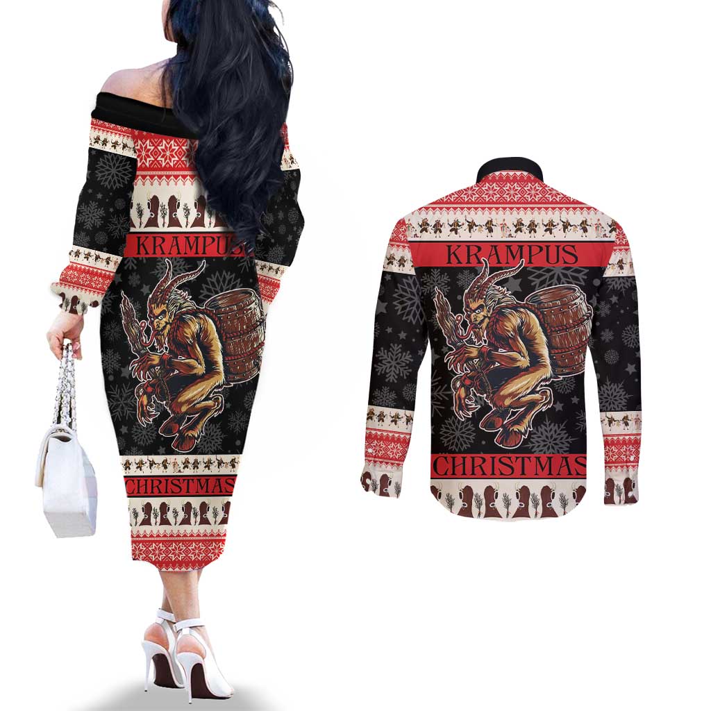 Krampus The Christmas Devil Couples Matching Off The Shoulder Long Sleeve Dress and Long Sleeve Button Shirt