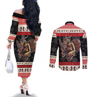 Krampus The Christmas Devil Couples Matching Off The Shoulder Long Sleeve Dress and Long Sleeve Button Shirt
