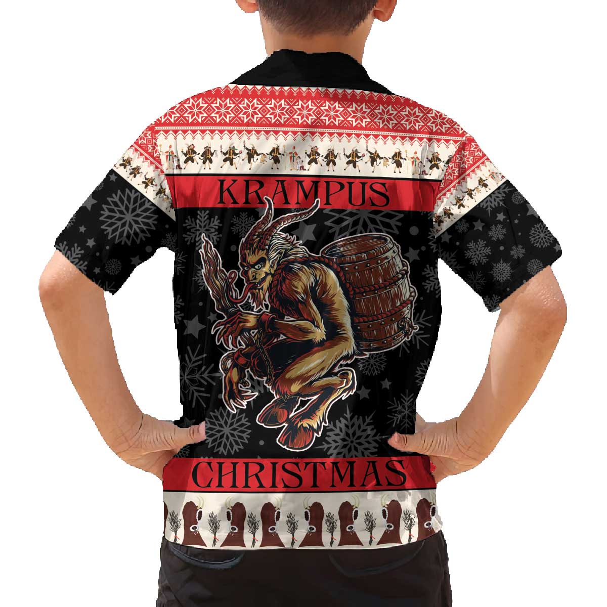 Krampus The Christmas Devil Family Matching Off The Shoulder Long Sleeve Dress and Hawaiian Shirt - Wonder Print Shop