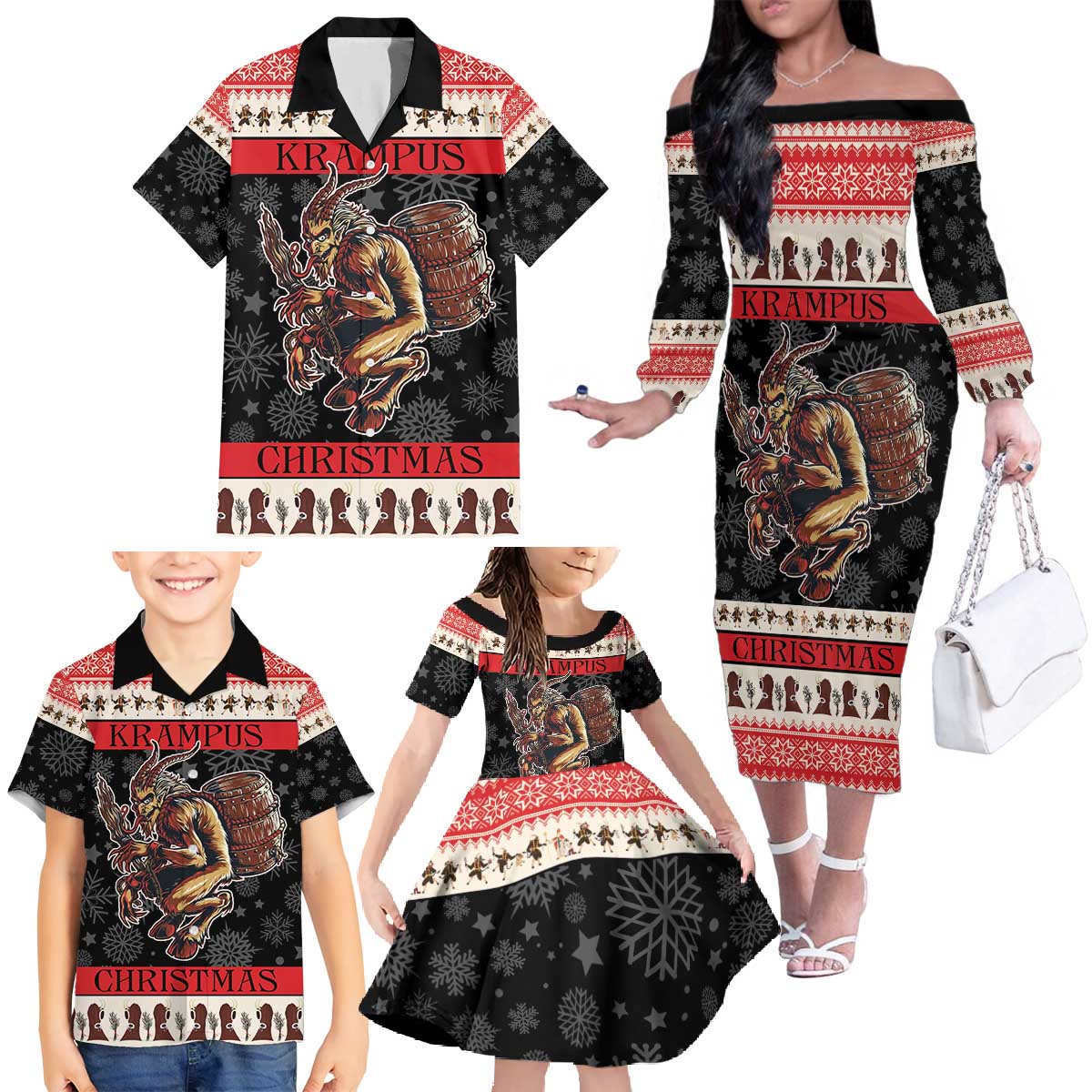 Krampus The Christmas Devil Family Matching Off The Shoulder Long Sleeve Dress and Hawaiian Shirt - Wonder Print Shop