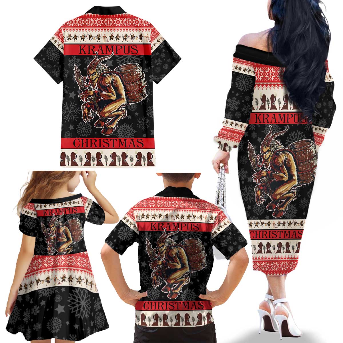 Krampus The Christmas Devil Family Matching Off The Shoulder Long Sleeve Dress and Hawaiian Shirt - Wonder Print Shop