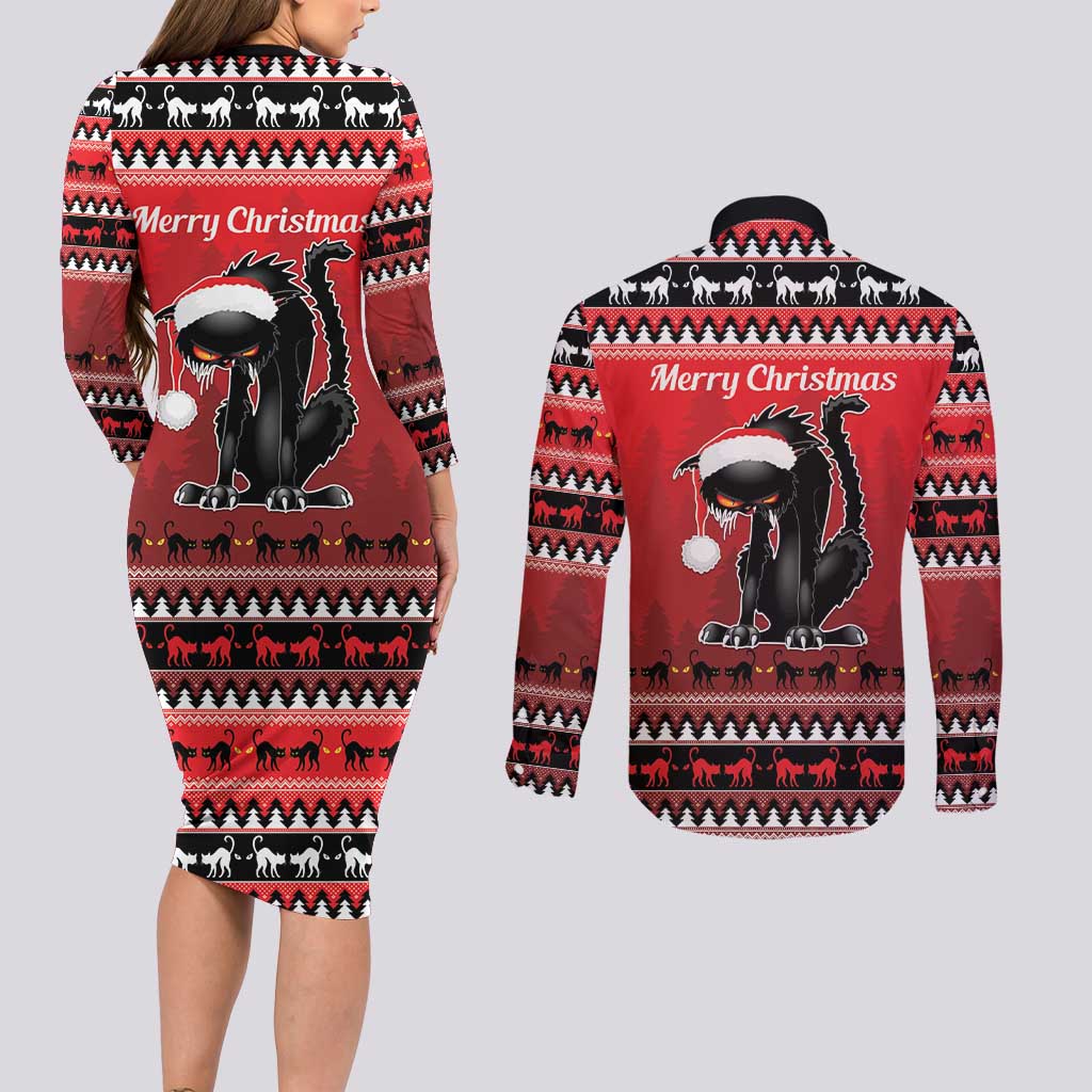 Jolakotturinn Iceland Couples Matching Long Sleeve Bodycon Dress and Long Sleeve Button Shirt Yule Cat Merry Christmas LT9 - Wonder Print Shop