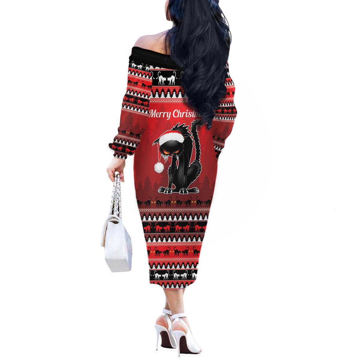 Jolakotturinn Iceland Off The Shoulder Long Sleeve Dress Yule Cat Merry Christmas - Wonder Print Shop