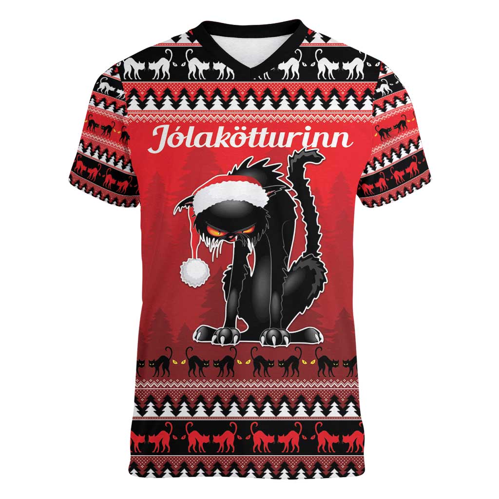 Jolakotturinn Iceland Women V-Neck T-Shirt Yule Cat Merry Christmas - Wonder Print Shop