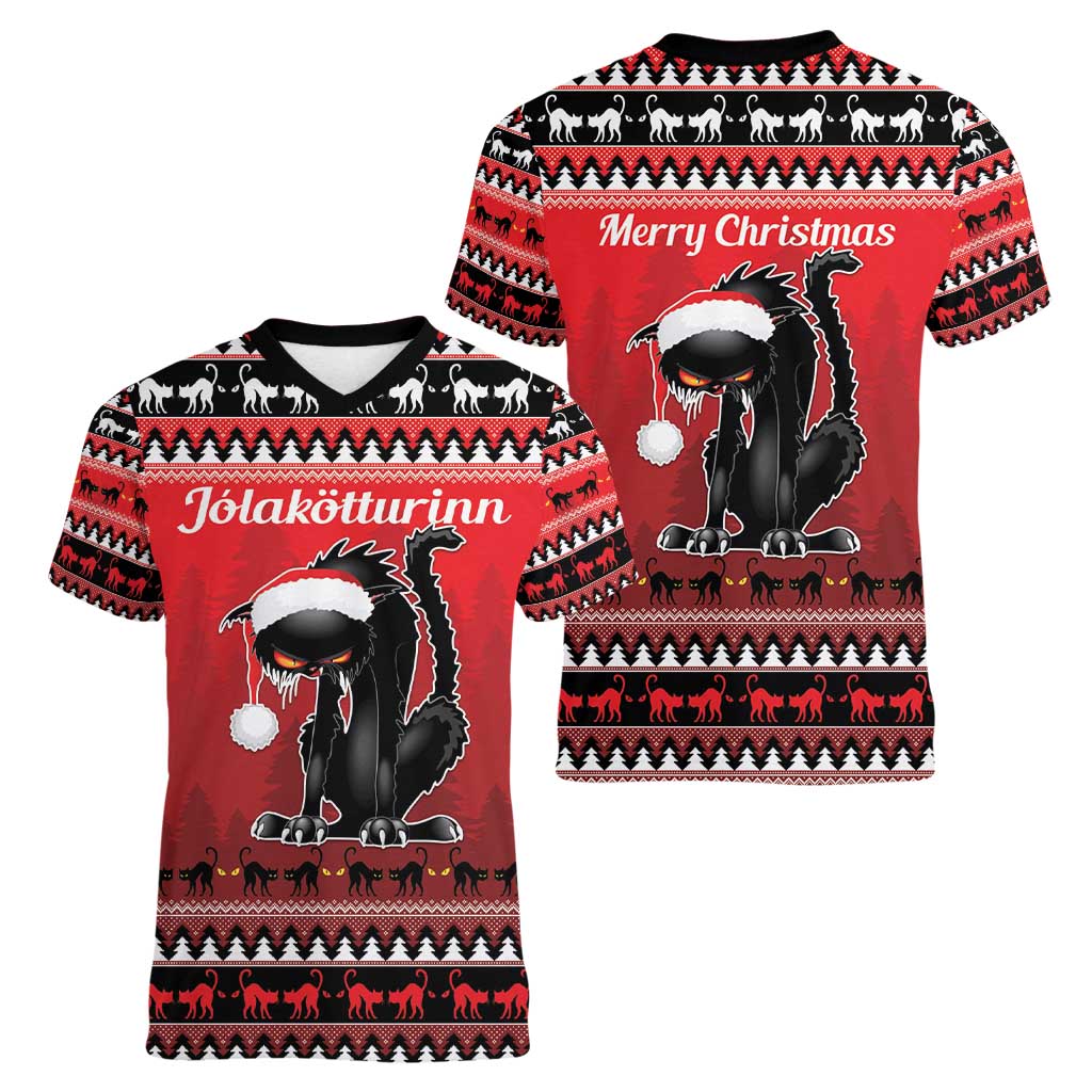 Jolakotturinn Iceland Women V-Neck T-Shirt Yule Cat Merry Christmas - Wonder Print Shop
