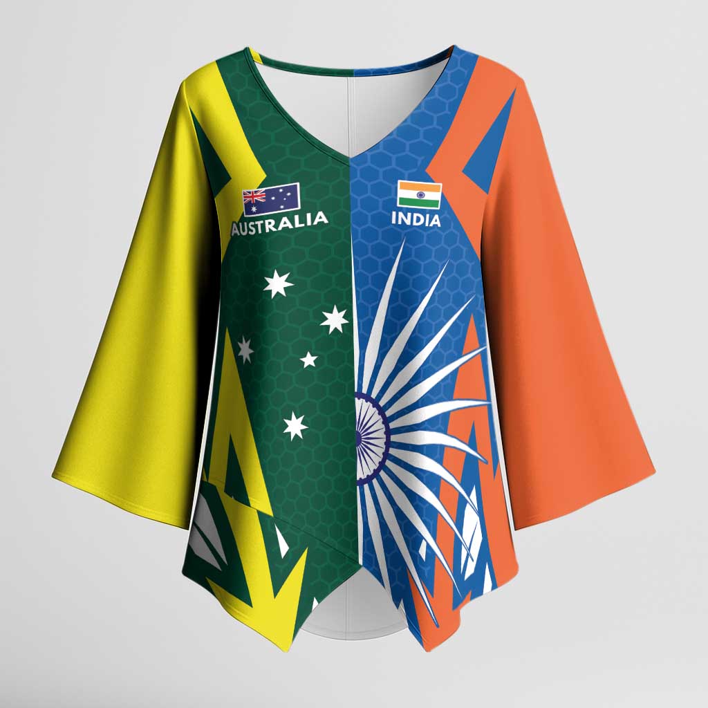 India vs Australia Custom Kimono Sleeve Blouse Blue vs Gold Cricket Heritage - Wonder Print Shop