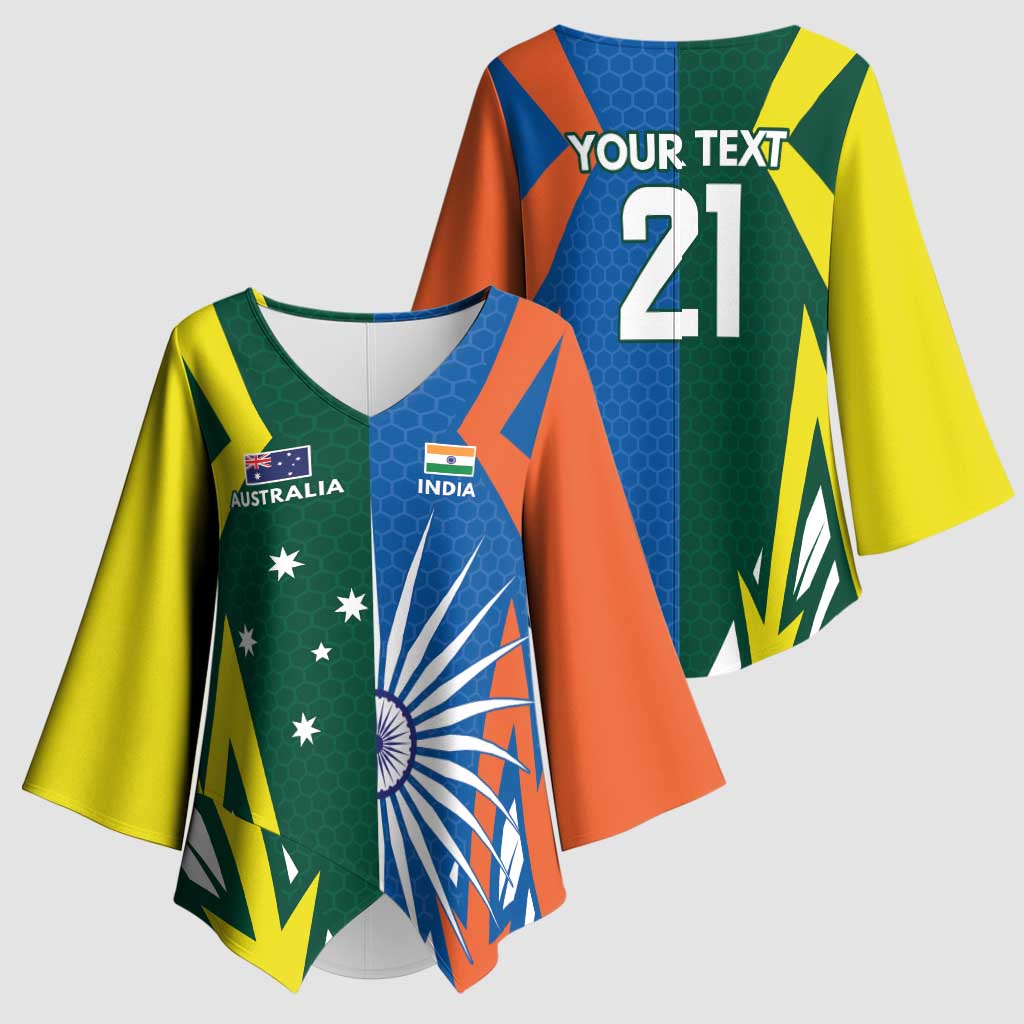 India vs Australia Custom Kimono Sleeve Blouse Blue vs Gold Cricket Heritage - Wonder Print Shop