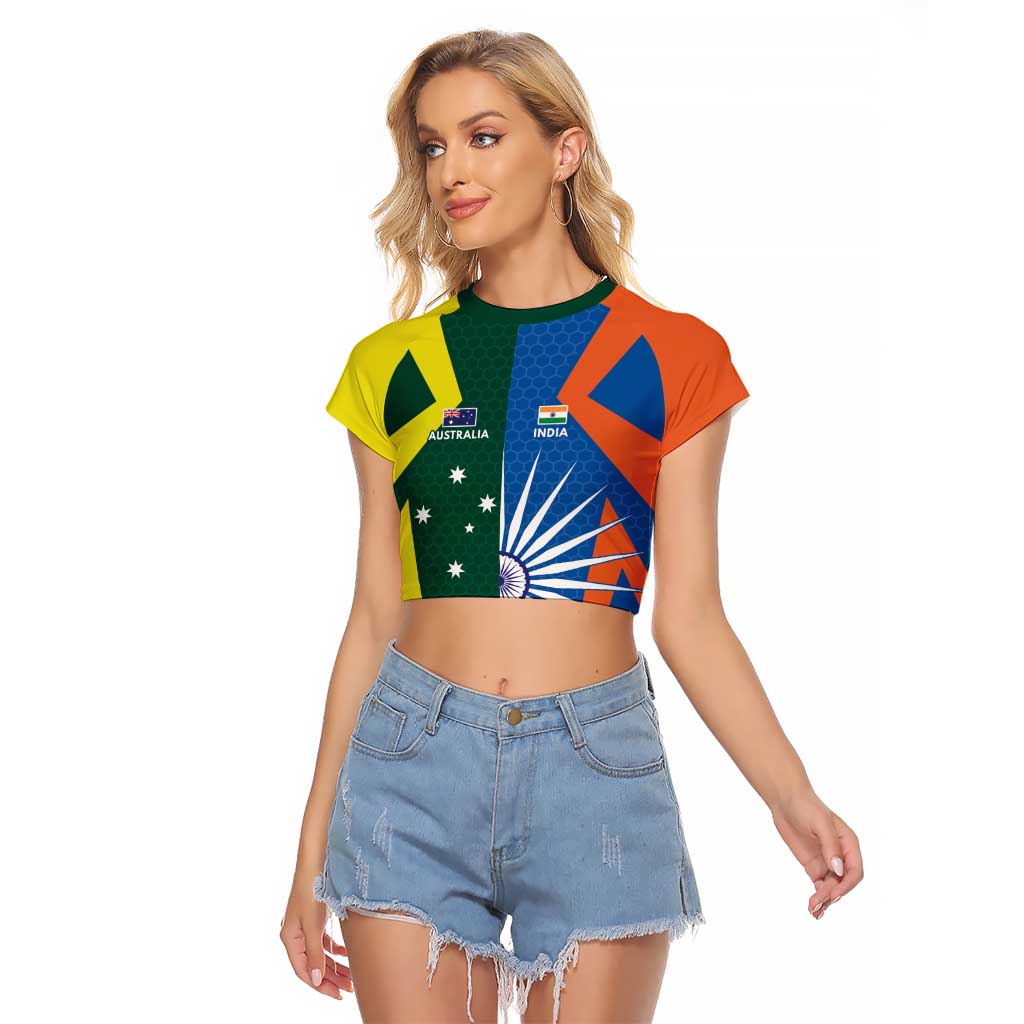 India vs Australia Custom Raglan Cropped T Shirt Blue vs Gold Cricket Heritage - Wonder Print Shop