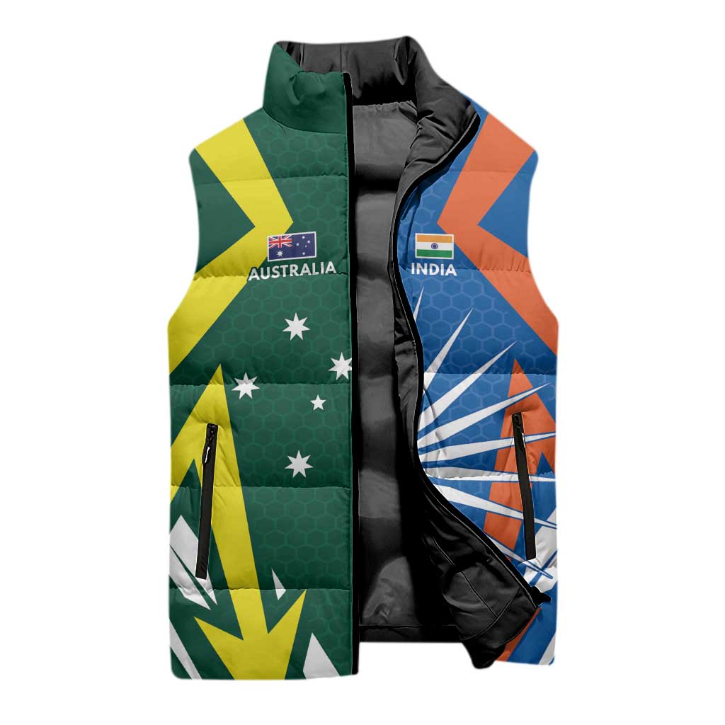 India vs Australia Custom Sleeveless Puffer Jacket Blue vs Gold Cricket Heritage - Wonder Print Shop