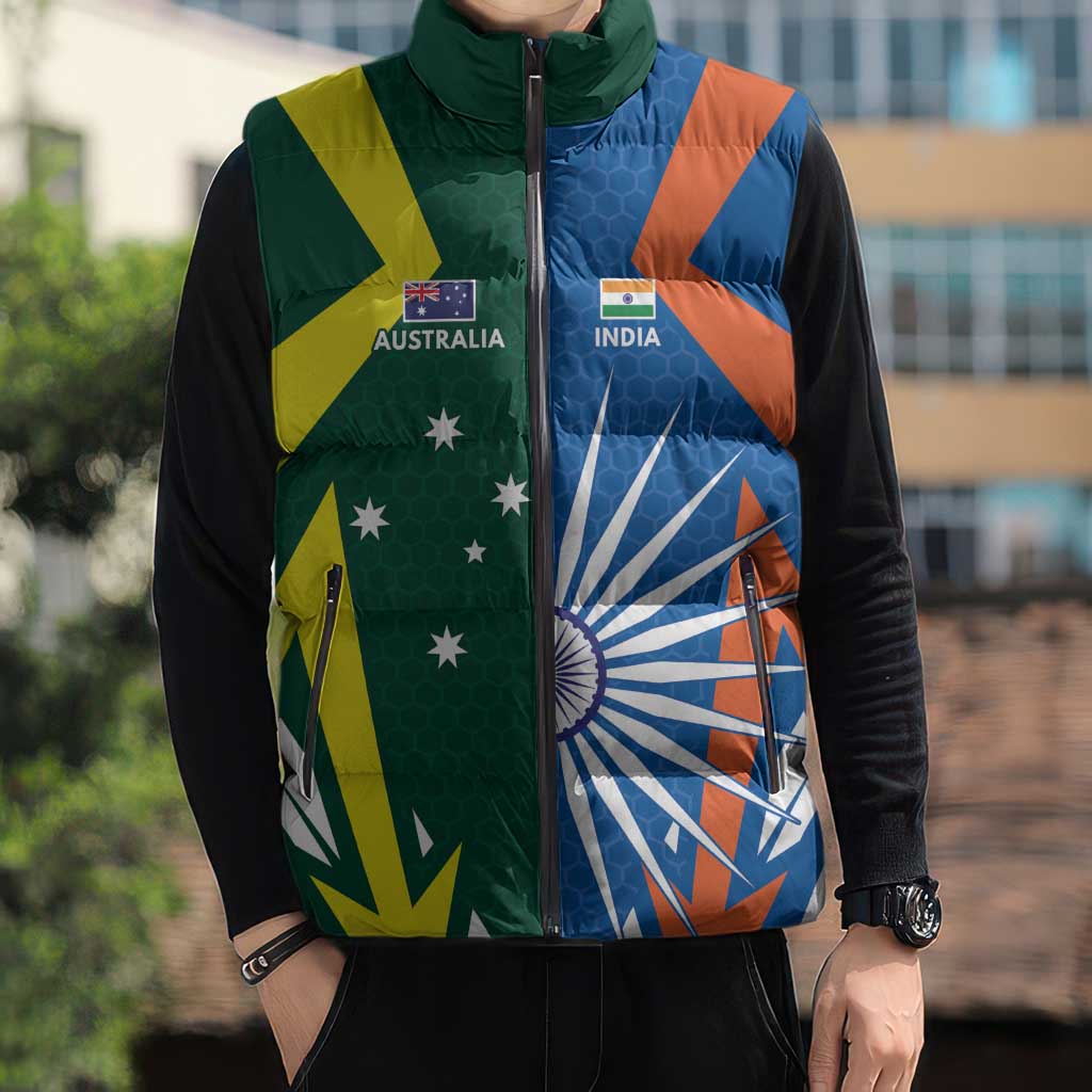 India vs Australia Custom Sleeveless Puffer Jacket Blue vs Gold Cricket Heritage - Wonder Print Shop