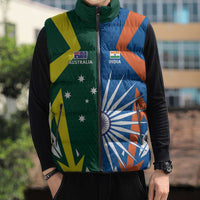 India vs Australia Custom Sleeveless Puffer Jacket Blue vs Gold Cricket Heritage - Wonder Print Shop