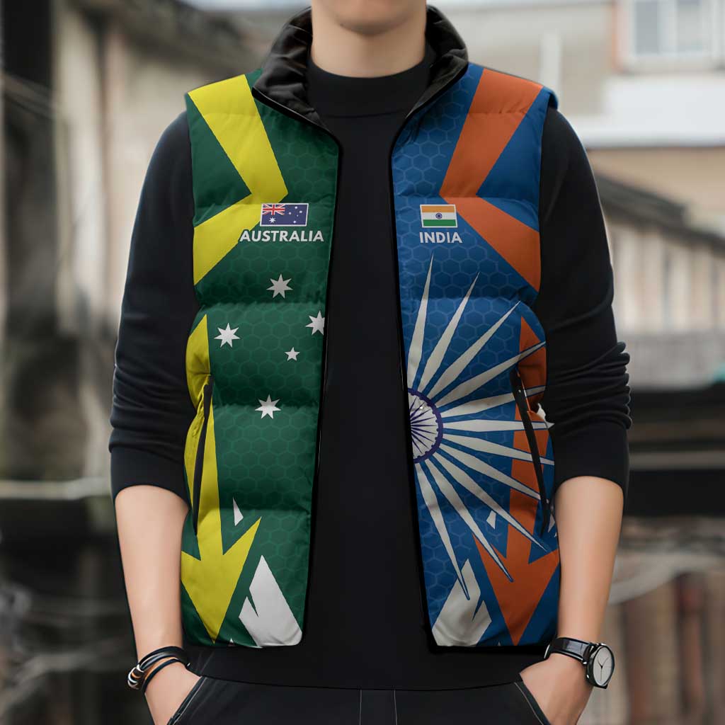 India vs Australia Custom Sleeveless Puffer Jacket Blue vs Gold Cricket Heritage - Wonder Print Shop