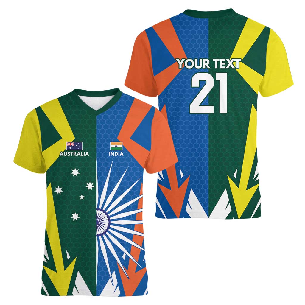 India vs Australia Custom Women V-Neck T-Shirt Blue vs Gold Cricket Heritage - Wonder Print Shop