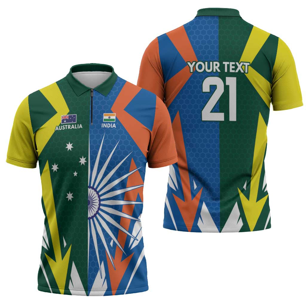 India vs Australia Custom Zipper Polo Shirt Blue vs Gold Cricket Heritage - Wonder Print Shop
