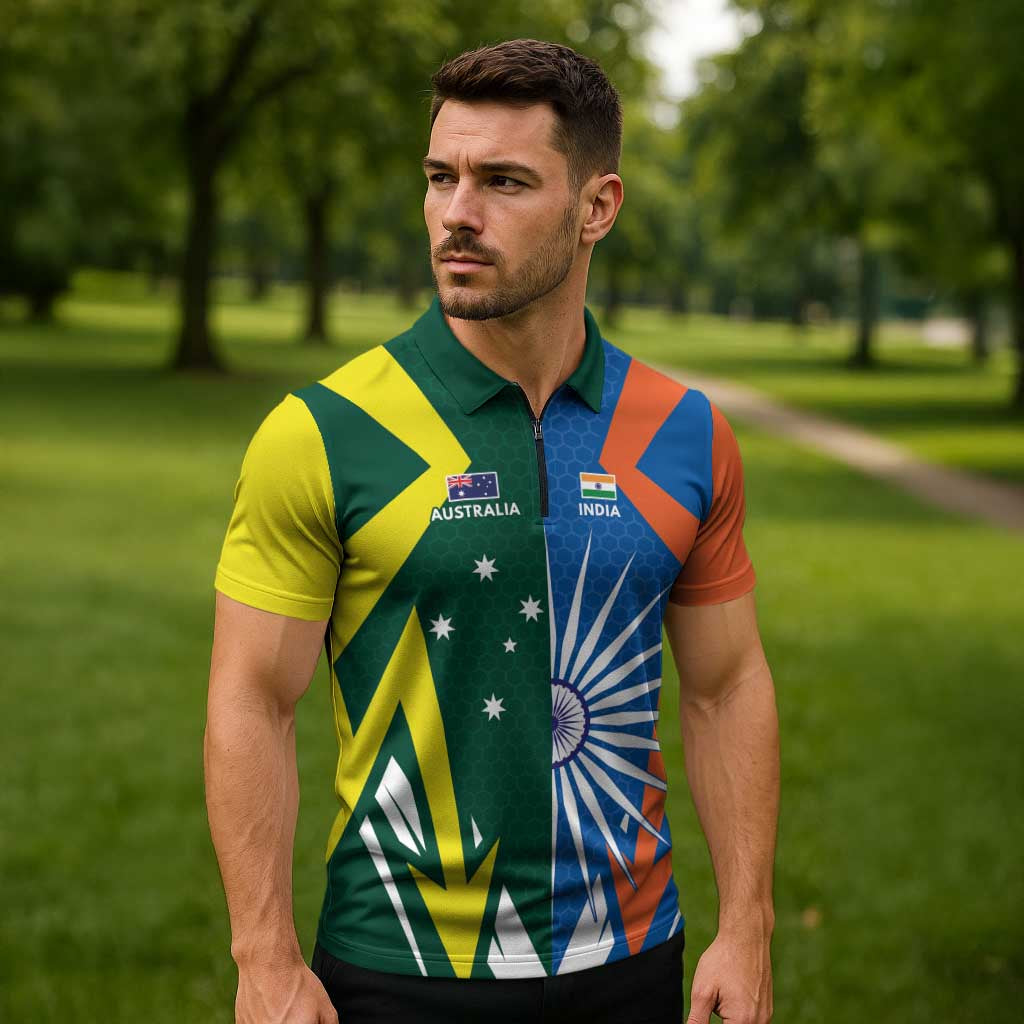 India vs Australia Custom Zipper Polo Shirt Blue vs Gold Cricket Heritage - Wonder Print Shop
