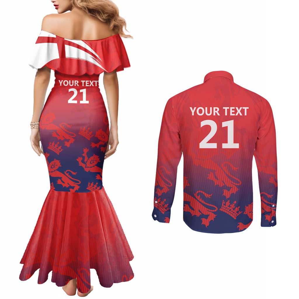 England Cricket Custom Couples Matching Mermaid Dress and Long Sleeve Button Shirt Three Lions With Flag