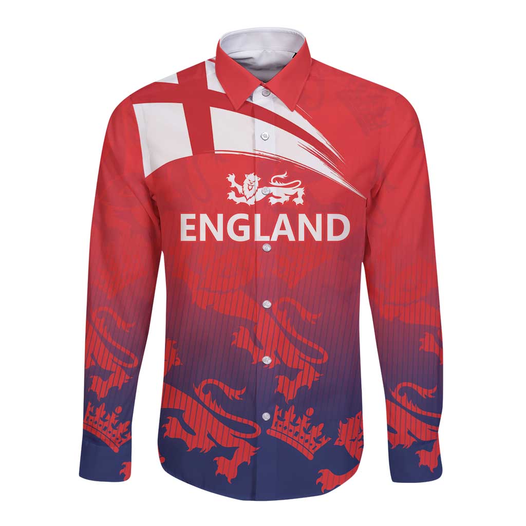 England Cricket Custom Long Sleeve Button Shirt Three Lions With Flag - Wonder Print Shop