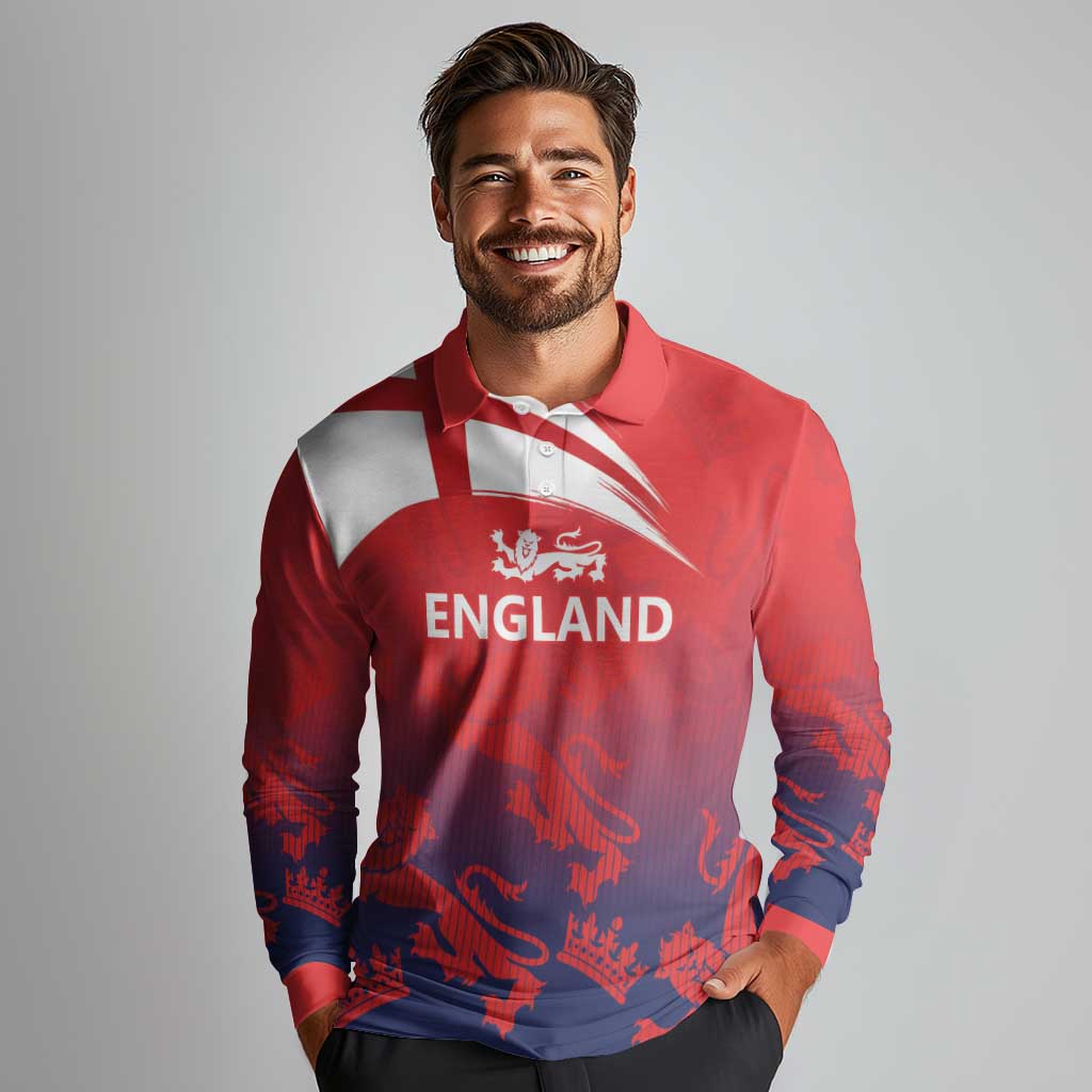 England Cricket Custom Long Sleeve Polo Shirt Three Lions With Flag - Wonder Print Shop