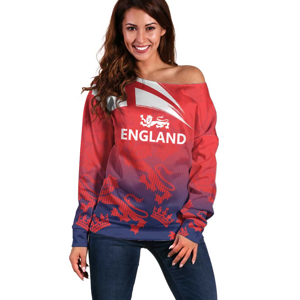 England Cricket Custom Off Shoulder Sweater Three Lions With Flag - Wonder Print Shop