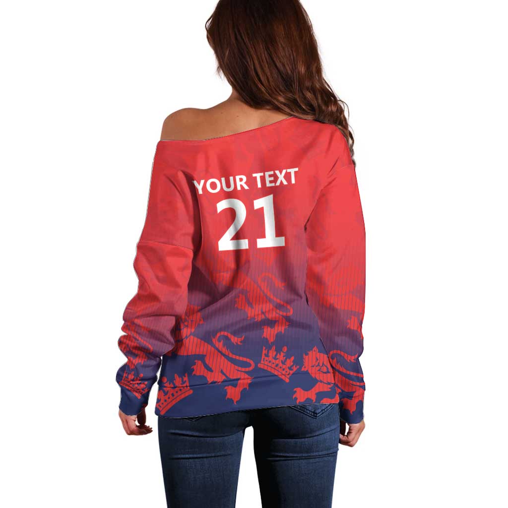 England Cricket Custom Off Shoulder Sweater Three Lions With Flag - Wonder Print Shop