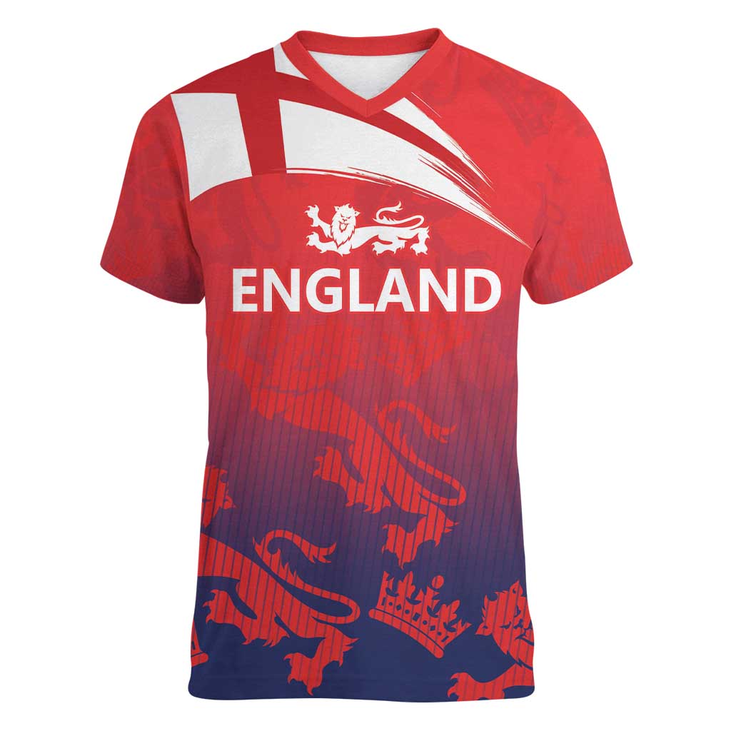 England Cricket Custom Women V-Neck T-Shirt Three Lions With Flag - Wonder Print Shop