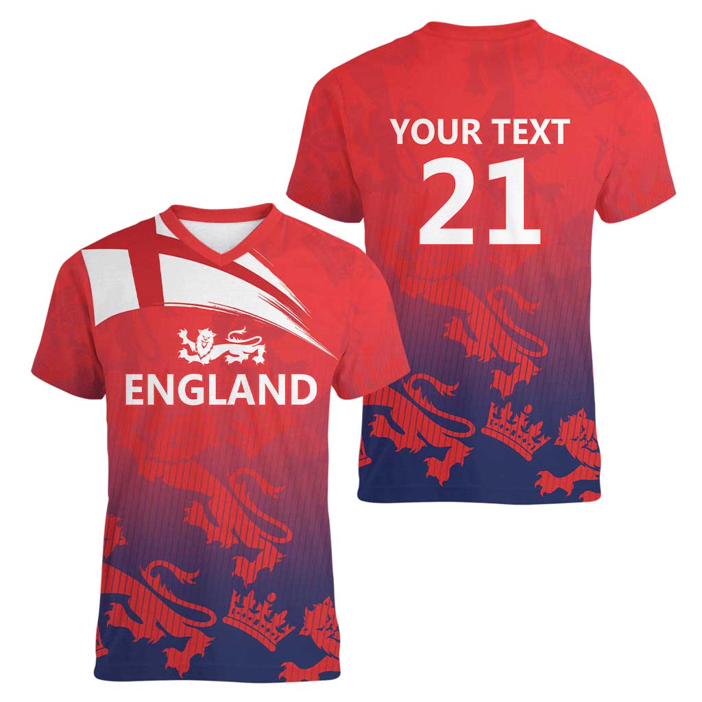 England Cricket Custom Women V-Neck T-Shirt Three Lions With Flag - Wonder Print Shop