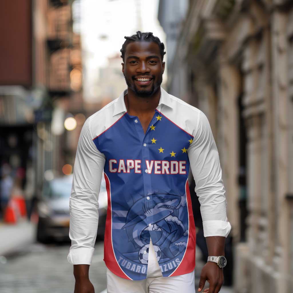 World Football 2026 Cape Verde Custom Long Sleeve Button Shirt Tubaroes Azuis Blue Shark - Wonder Print Shop