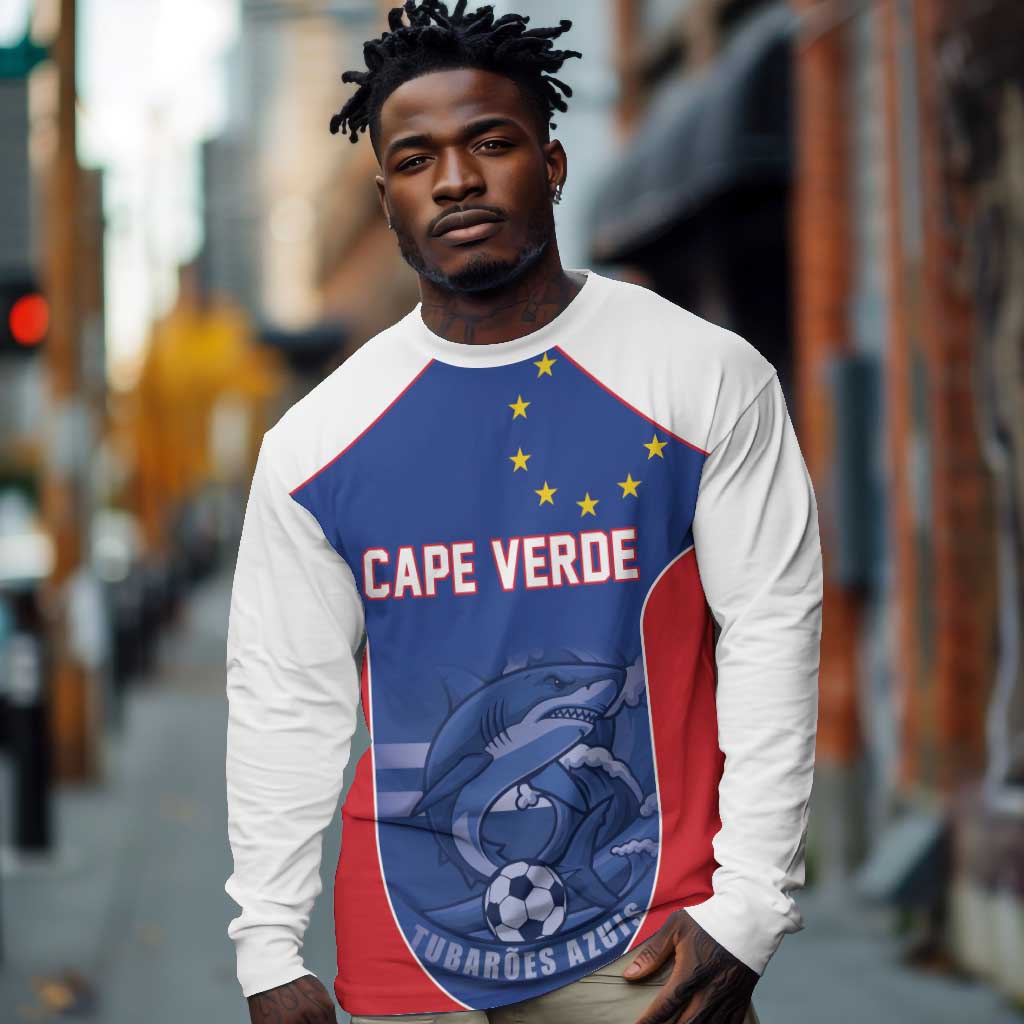 World Football 2026 Cape Verde Custom Long Sleeve Shirt Tubaroes Azuis Blue Shark - Wonder Print Shop