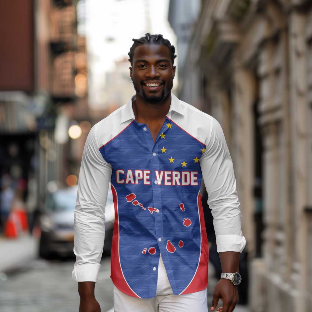 World Football 2026 Cape Verde Custom Long Sleeve Button Shirt Tubaroes Azuis Verde Simple Map - Wonder Print Shop