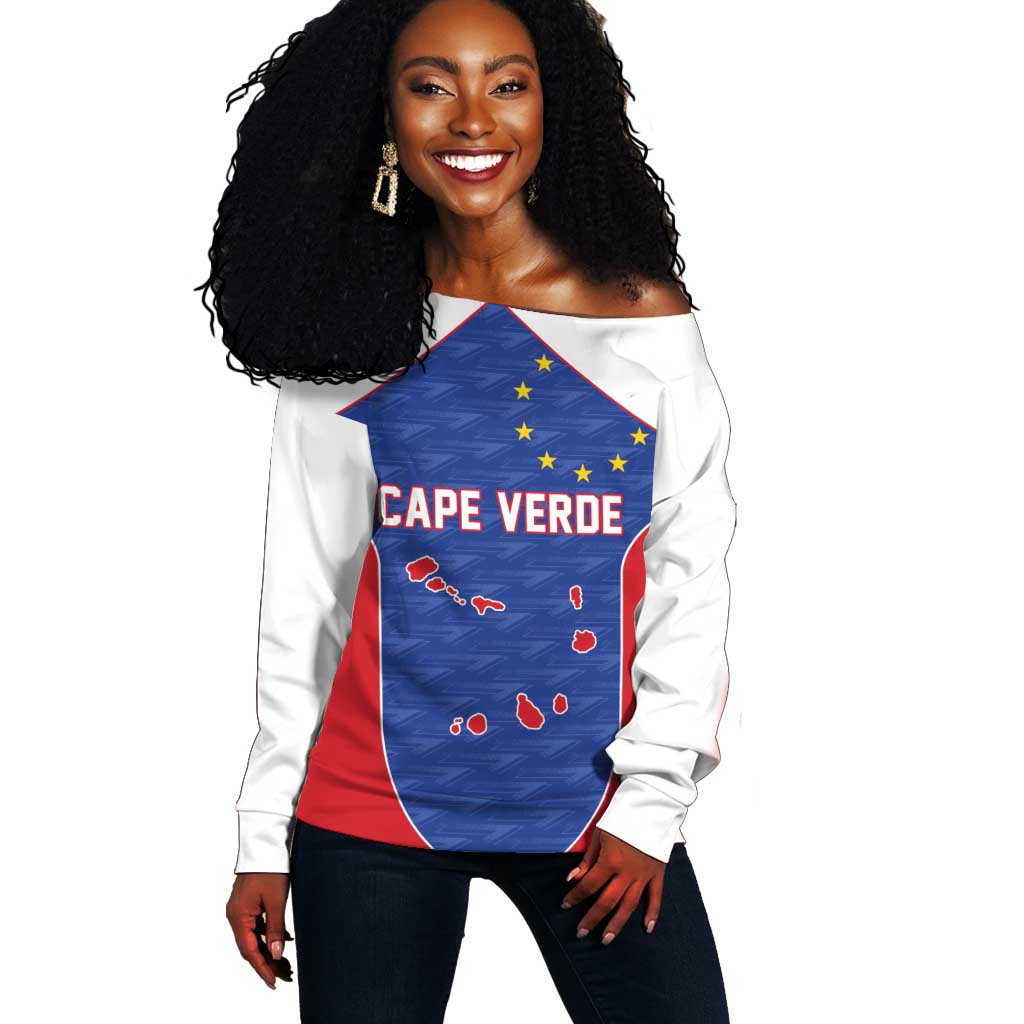 World Football 2026 Cape Verde Custom Off Shoulder Sweater Tubaroes Azuis Verde Simple Map - Wonder Print Shop