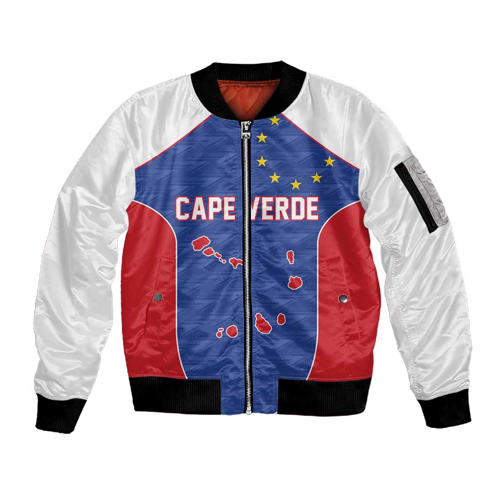 World Football 2026 Cape Verde Custom Sleeve Zip Bomber Jacket Tubaroes Azuis Verde Simple Map - Wonder Print Shop