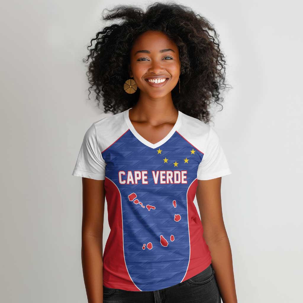 World Football 2026 Cape Verde Custom Women V-Neck T-Shirt Tubaroes Azuis Verde Simple Map LT9