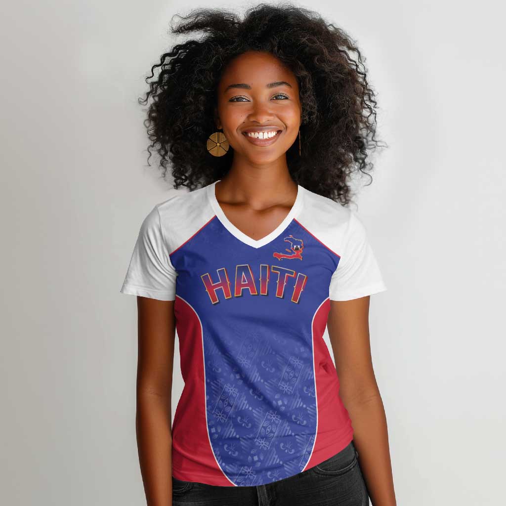 World Football 2026 Afro-Haiti Custom Women V-Neck T-Shirt Together For Ayiti Blue Style LT9