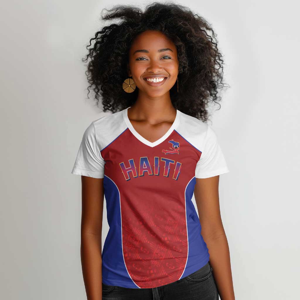 World Football 2026 Afro-Haiti Custom Women V-Neck T-Shirt Together For Ayiti Red Style LT9