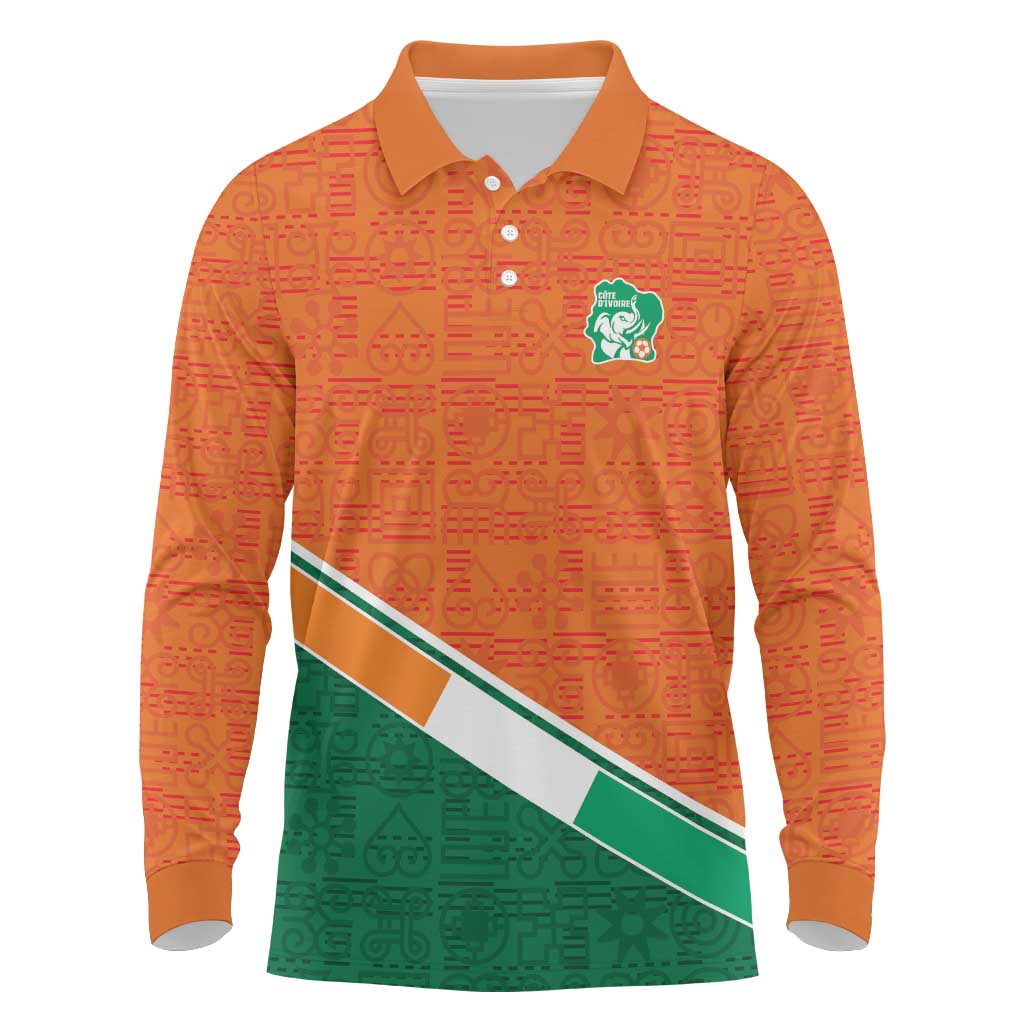 World Football 2026 Ivory Coast Custom Long Sleeve Polo Shirt African Adinkra Pattern - Wonder Print Shop