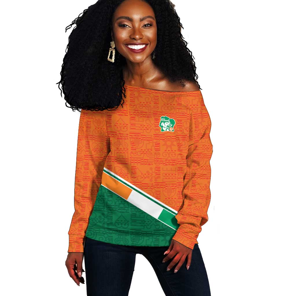 World Football 2026 Ivory Coast Custom Off Shoulder Sweater African Adinkra Pattern - Wonder Print Shop