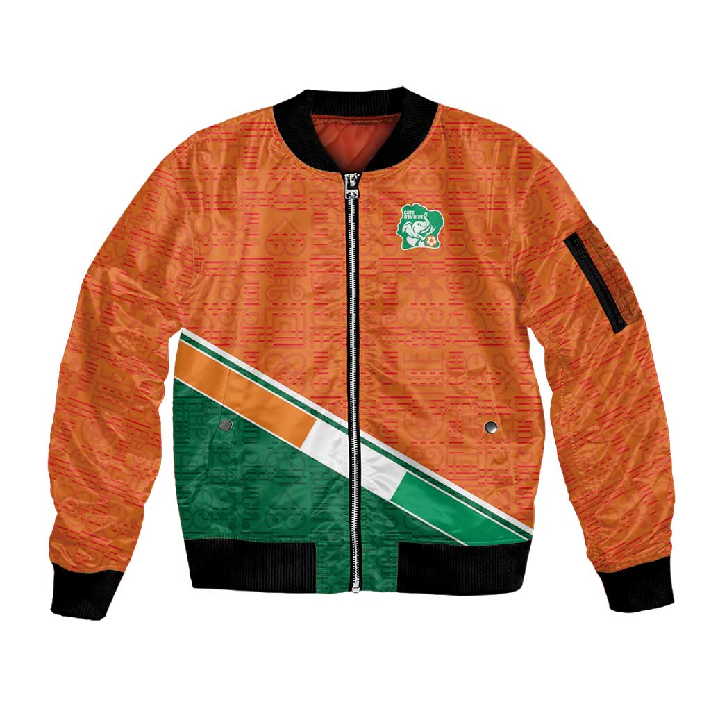 World Football 2026 Ivory Coast Custom Sleeve Zip Bomber Jacket African Adinkra Pattern - Wonder Print Shop