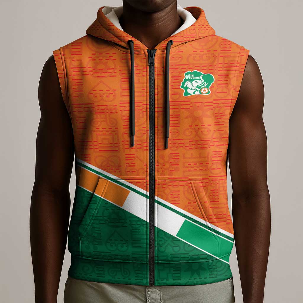 World Football 2026 Ivory Coast Custom Sleeveless Zip Hoodie African Adinkra Pattern - Wonder Print Shop