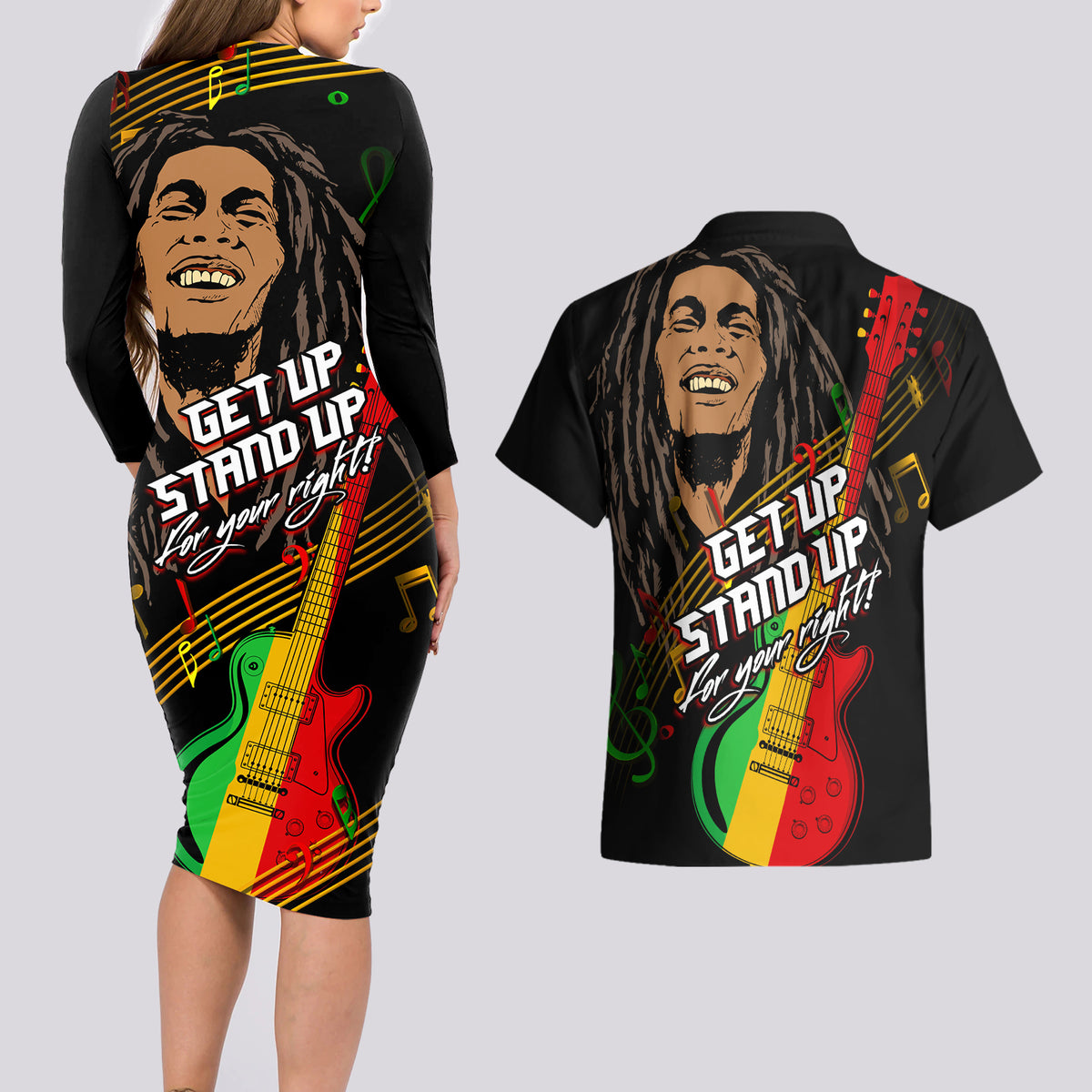 Legend Bob Get Up Stand Up Couples Matching Long Sleeve Bodycon Dress and Hawaiian Shirt Reggae Multicolored LT9 - Wonder Print Shop