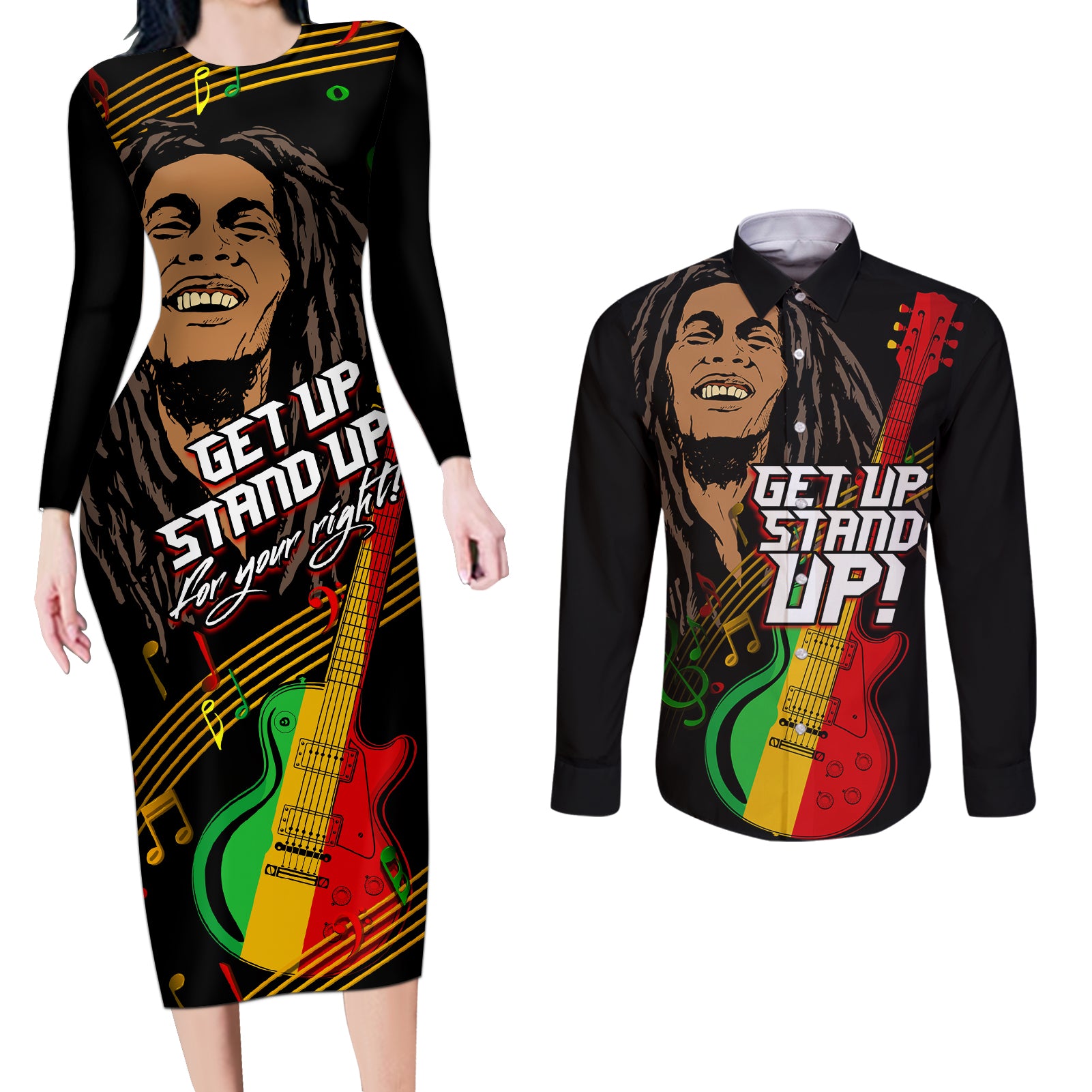 Legend Bob Get Up Stand Up Couples Matching Long Sleeve Bodycon Dress and Long Sleeve Button Shirt Reggae Multicolored LT9 - Wonder Print Shop