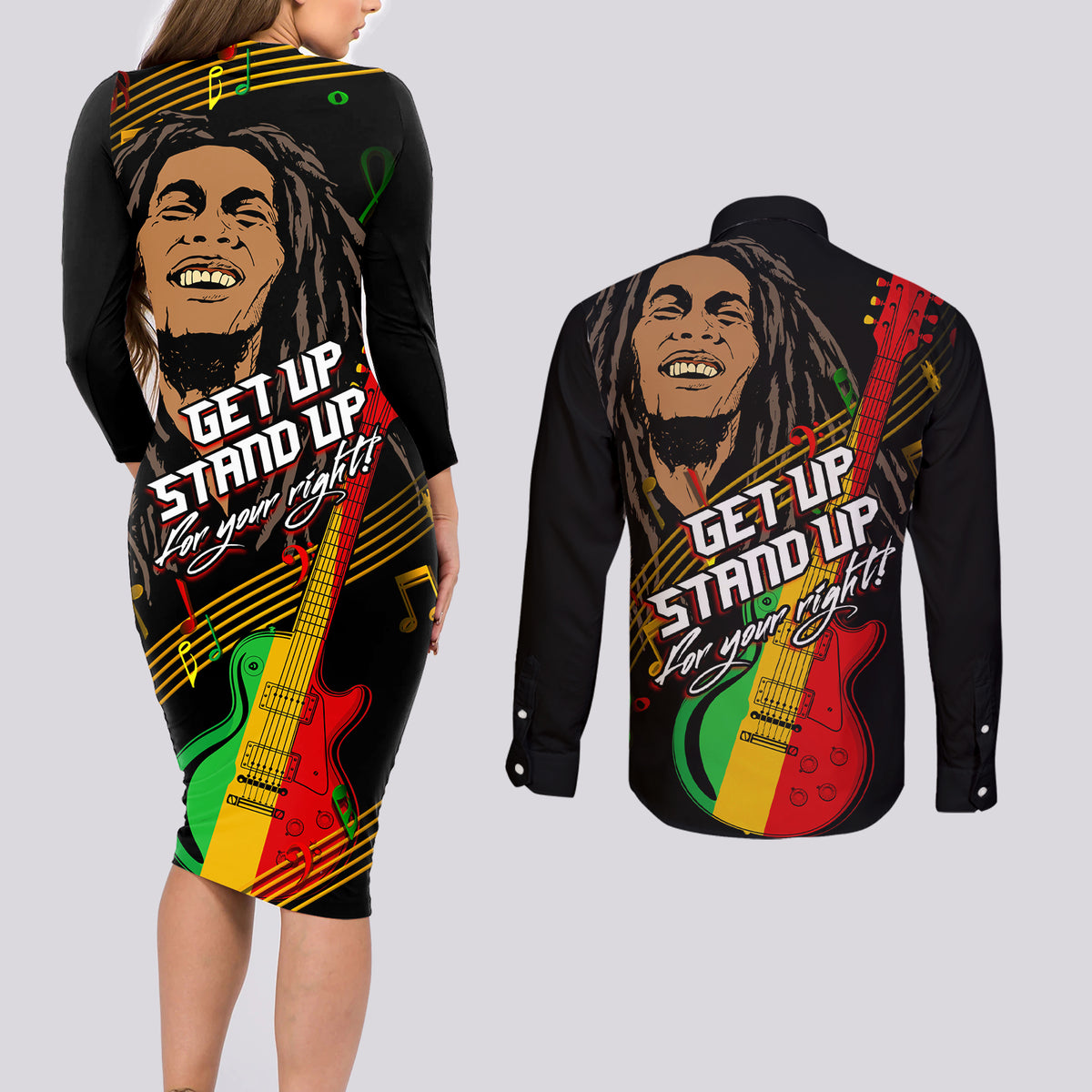 Legend Bob Get Up Stand Up Couples Matching Long Sleeve Bodycon Dress and Long Sleeve Button Shirt Reggae Multicolored LT9 - Wonder Print Shop