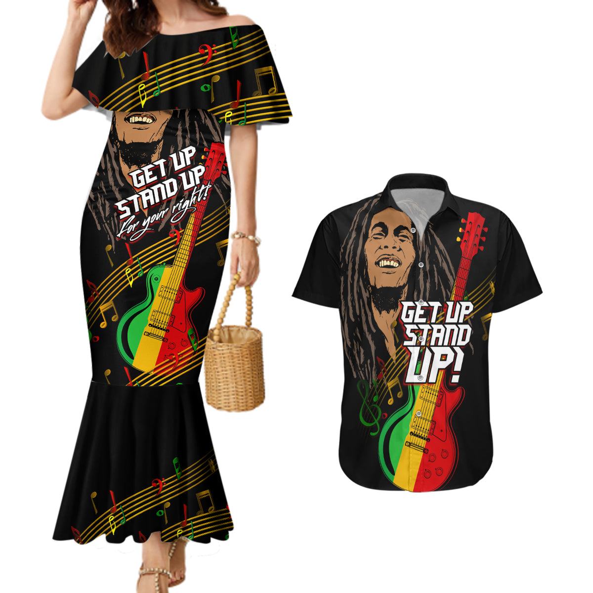 Legend Bob Get Up Stand Up Couples Matching Mermaid Dress and Hawaiian Shirt Reggae Multicolored LT9 - Wonder Print Shop