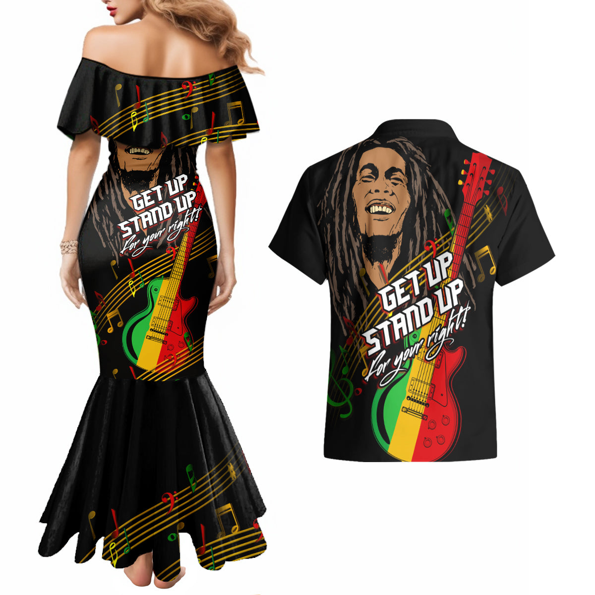 Legend Bob Get Up Stand Up Couples Matching Mermaid Dress and Hawaiian Shirt Reggae Multicolored LT9 - Wonder Print Shop