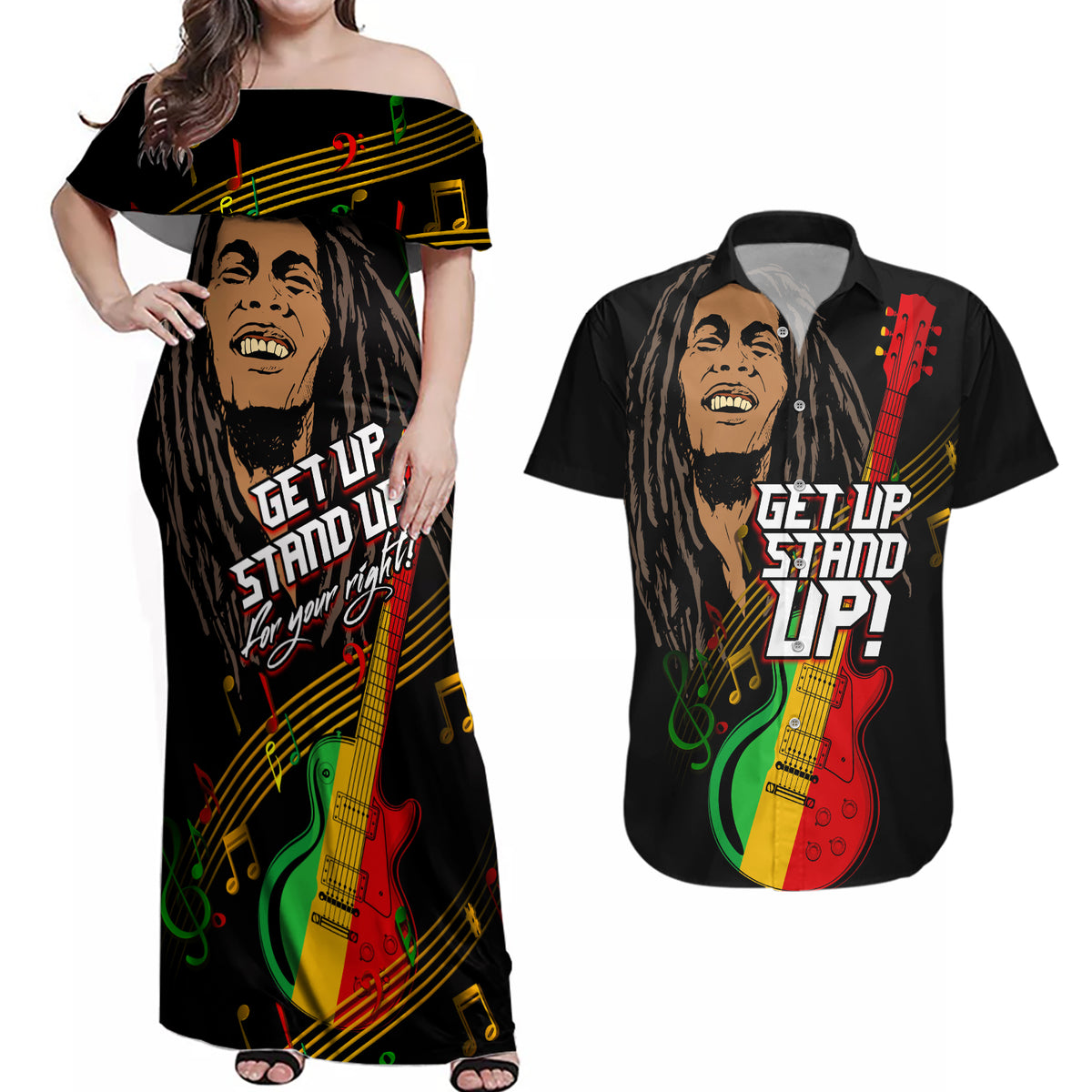 Legend Bob Get Up Stand Up Couples Matching Off Shoulder Maxi Dress and Hawaiian Shirt Reggae Multicolored LT9 - Wonder Print Shop