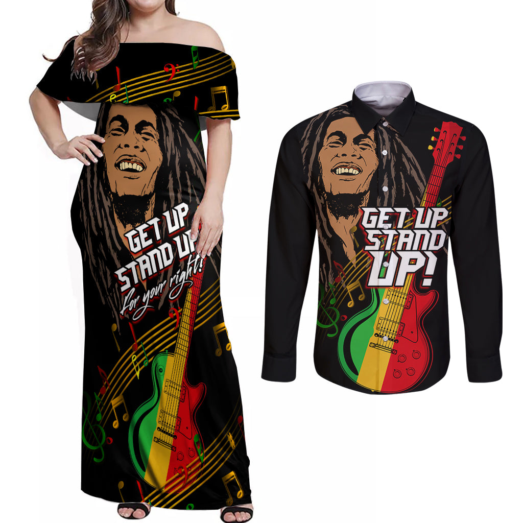 Legend Bob Get Up Stand Up Couples Matching Off Shoulder Maxi Dress and Long Sleeve Button Shirt Reggae Multicolored LT9 - Wonder Print Shop