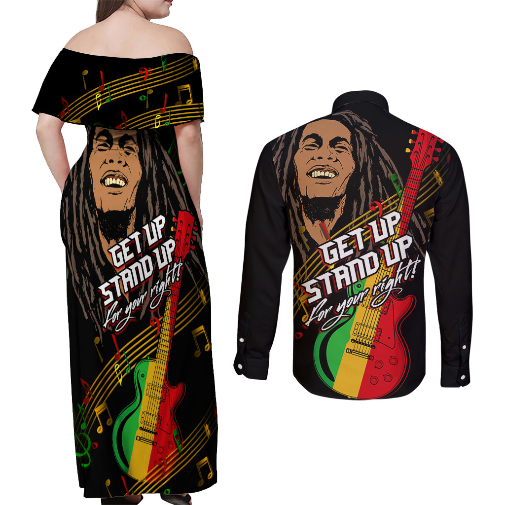 Legend Bob Get Up Stand Up Couples Matching Off Shoulder Maxi Dress and Long Sleeve Button Shirt Reggae Multicolored LT9 - Wonder Print Shop