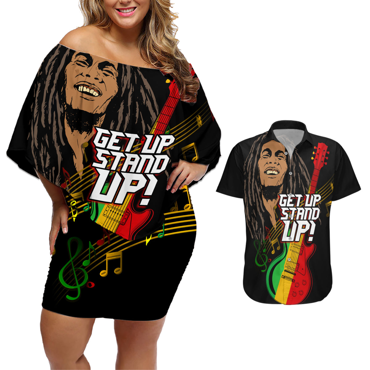 Legend Bob Get Up Stand Up Couples Matching Off Shoulder Short Dress and Hawaiian Shirt Reggae Multicolored LT9 - Wonder Print Shop