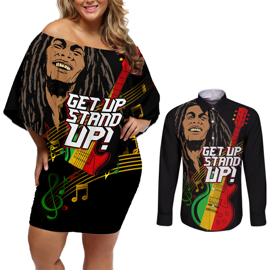 Legend Bob Get Up Stand Up Couples Matching Off Shoulder Short Dress and Long Sleeve Button Shirt Reggae Multicolored LT9 - Wonder Print Shop